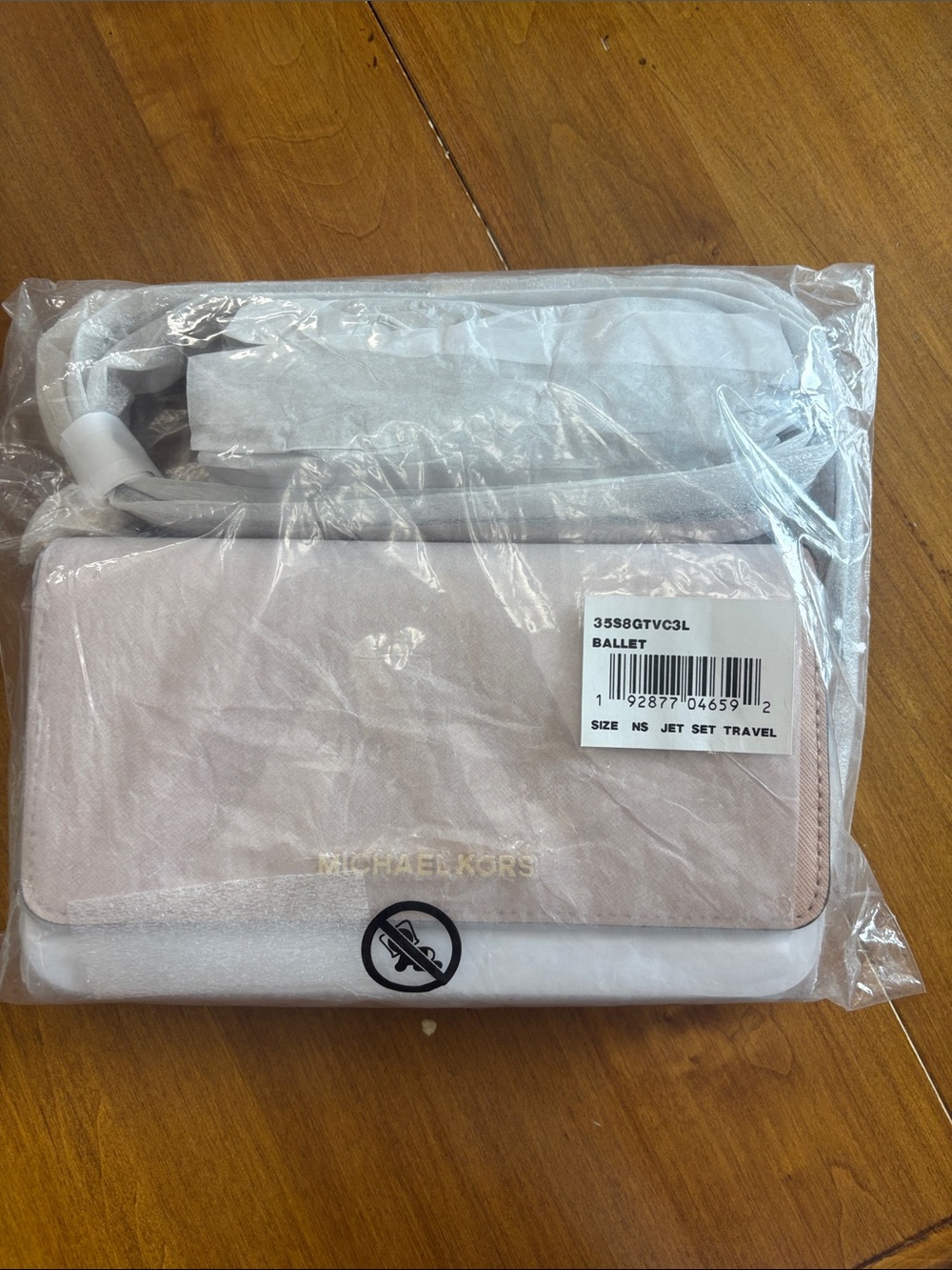 Michael Kors Ballet Pink and White Crossbody Wallet with Gold Logo